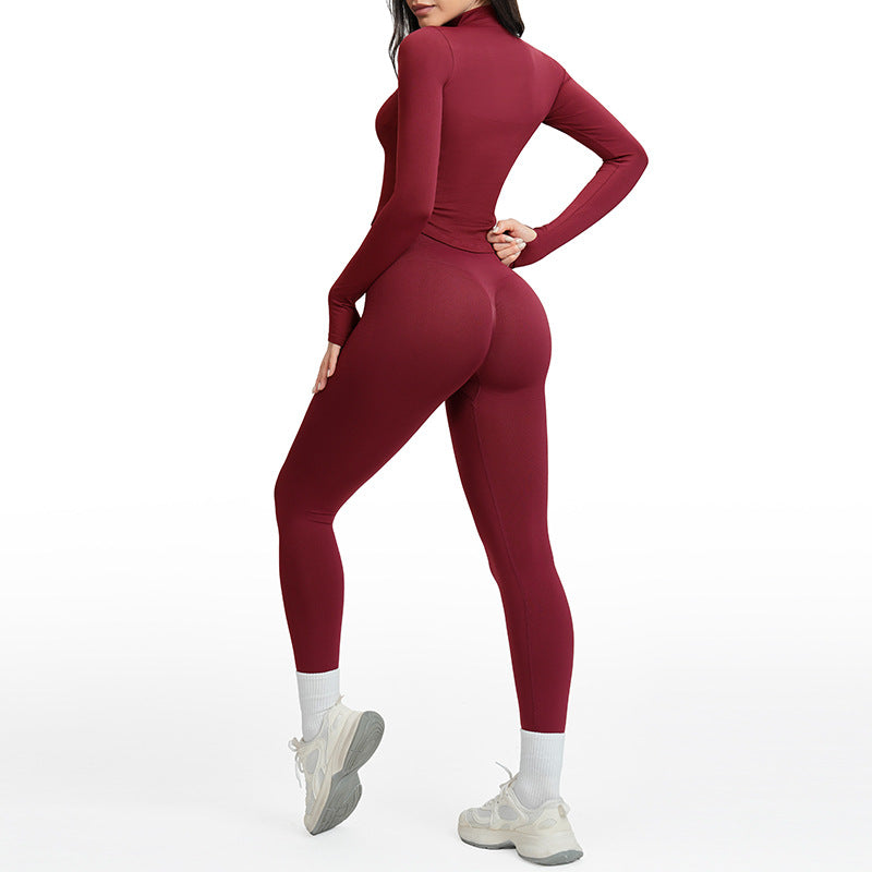 Seamless I-shaped Back-enhancing Workout Set For Women With Ribbed Waist-cinching Design