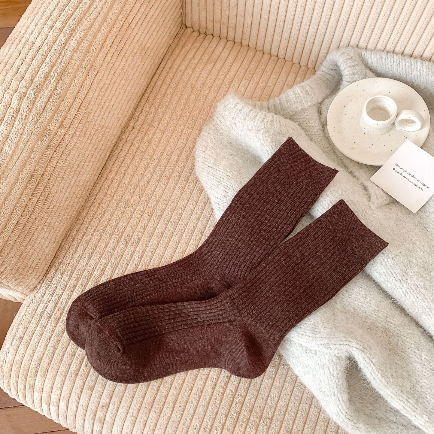 Womens Korean-style Autumnwinter Fleece-lined Chunky Solid-color Ankle Socks