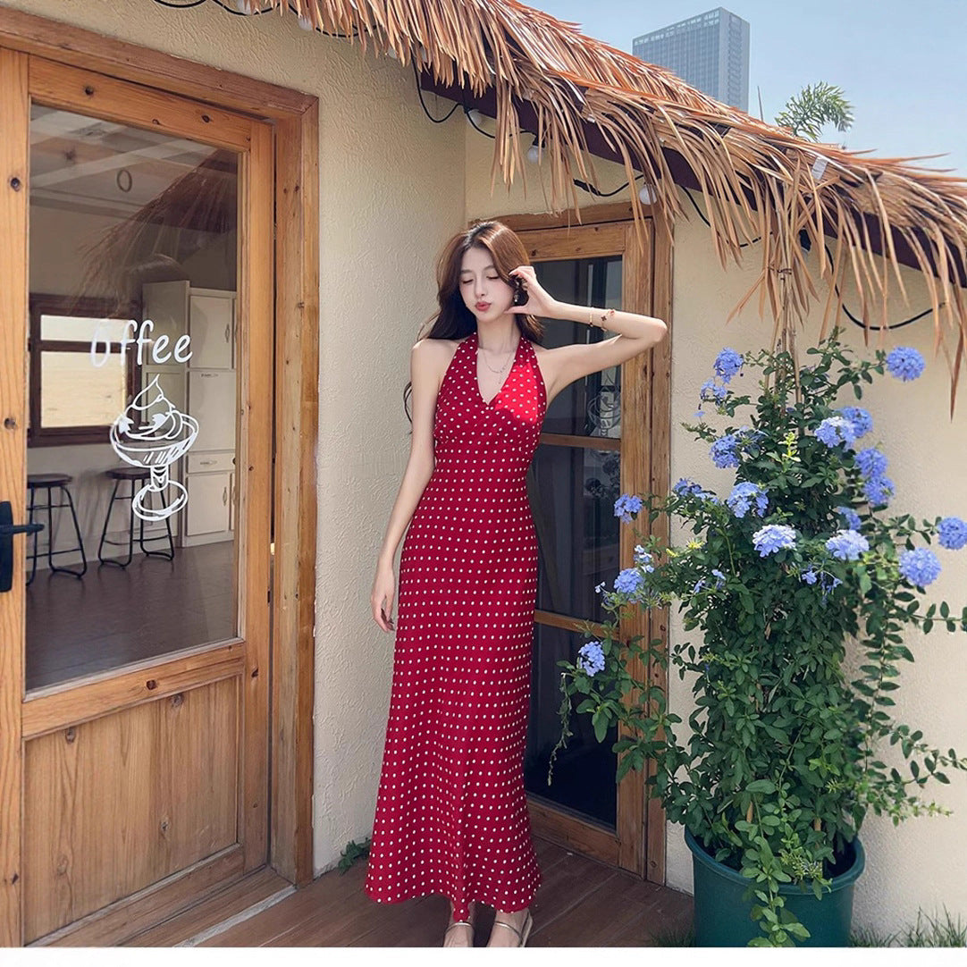 Mid-length Polka Dot Summer New Slim-fit Figure-flattering Sexy Backless Dress For Women