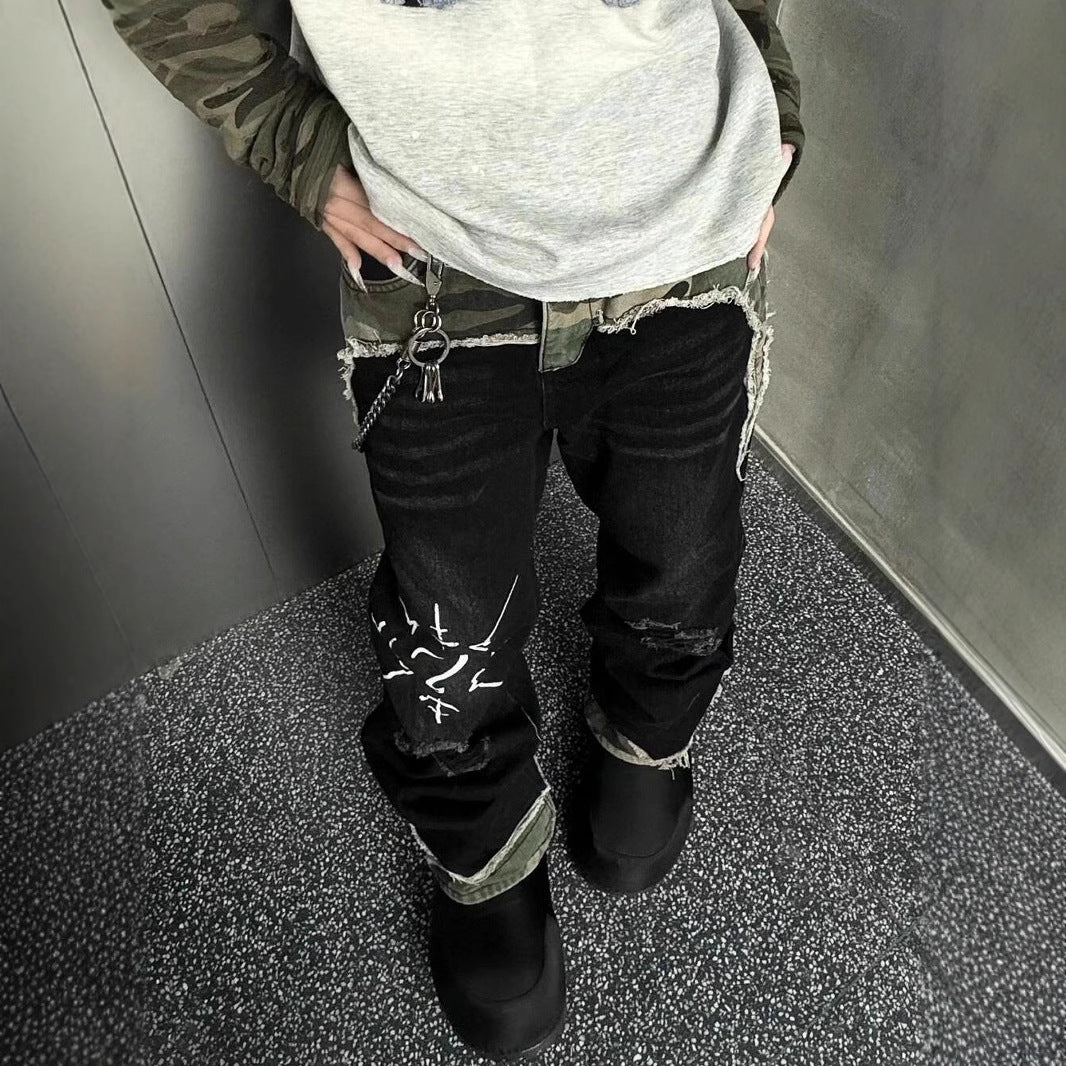 American Street Retro Camouflage Stitching Jeans