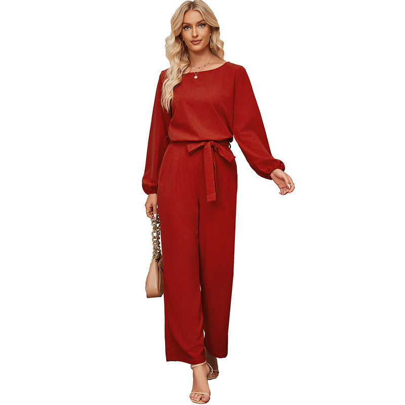 Womens Tailored Pullover Longsleeve Laceup Jumpsuit