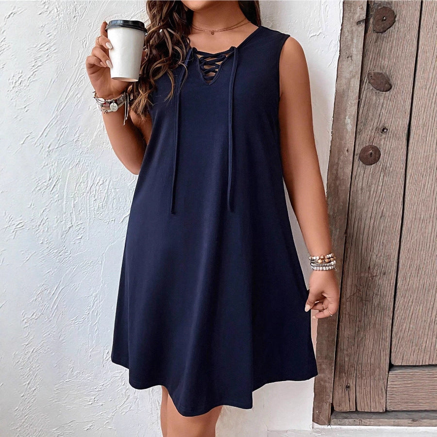 Lace-up Loose Sleeveless Vest Dress Casual Front Tie Design