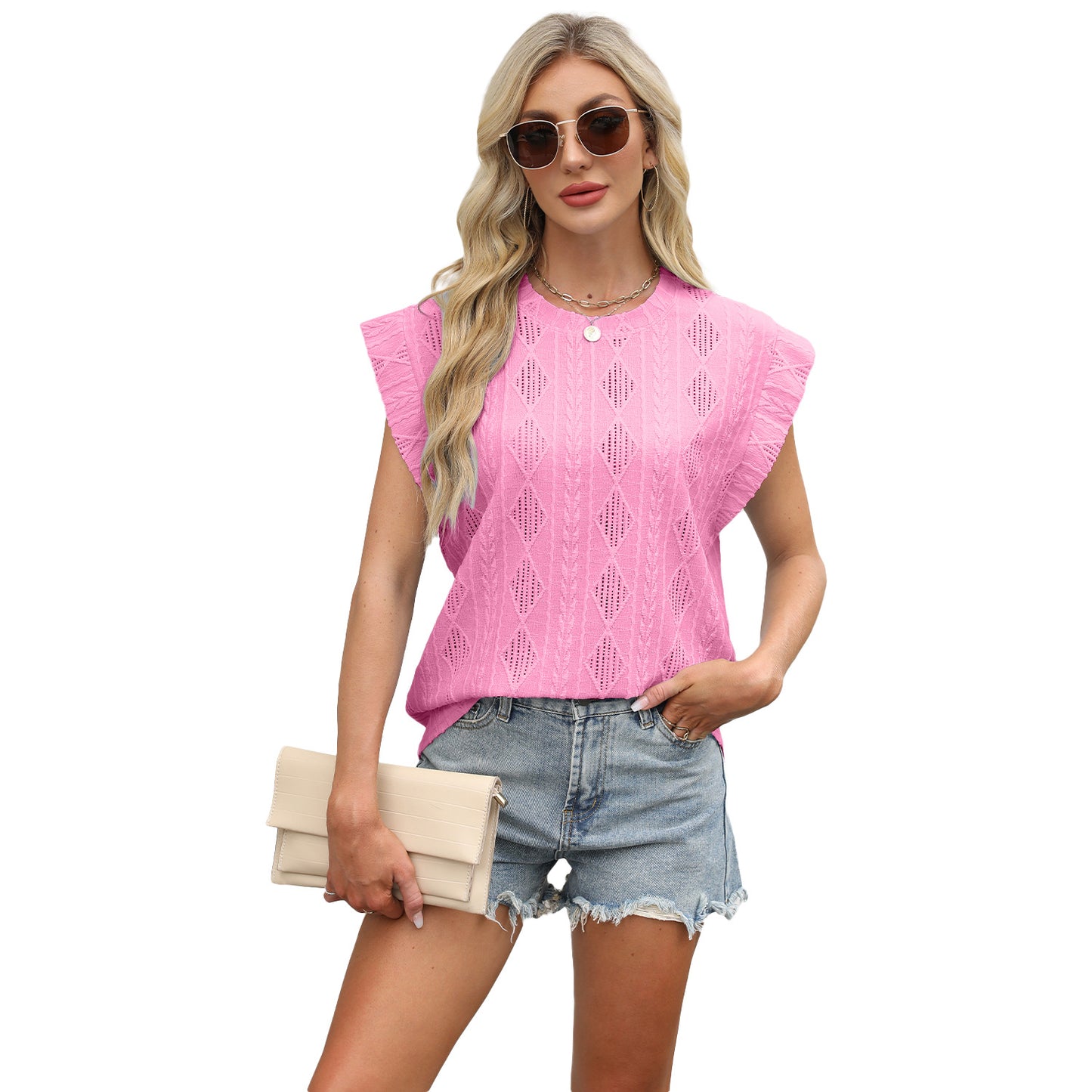 Crew-neck Loose-fitting Short-sleeve T-shirt With Jacquard Detailing Tank Top
