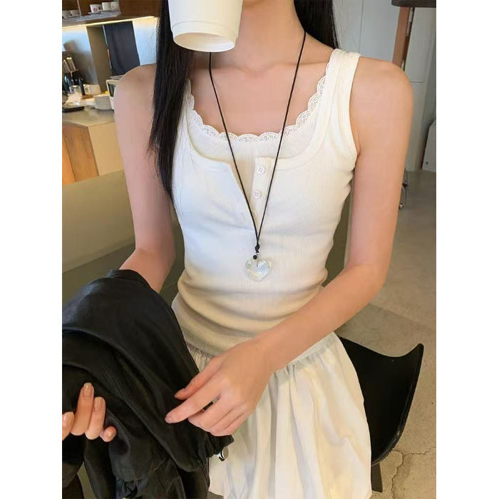 Womens Lace-trimmed Mock Two-Piece I-Back Tank Top