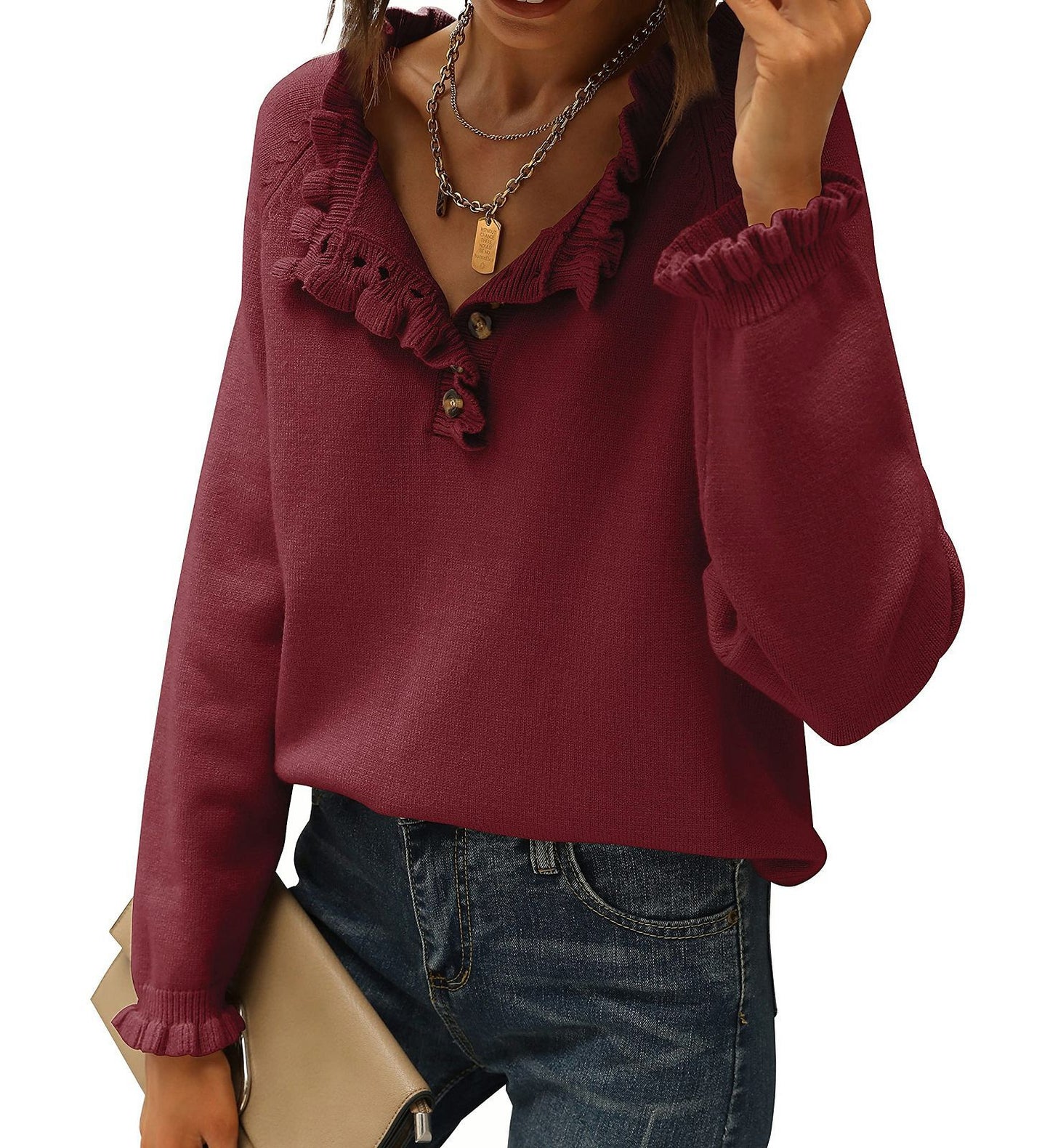 Women's Knitting New Casual Long-sleeved Ruffle Pullover Female