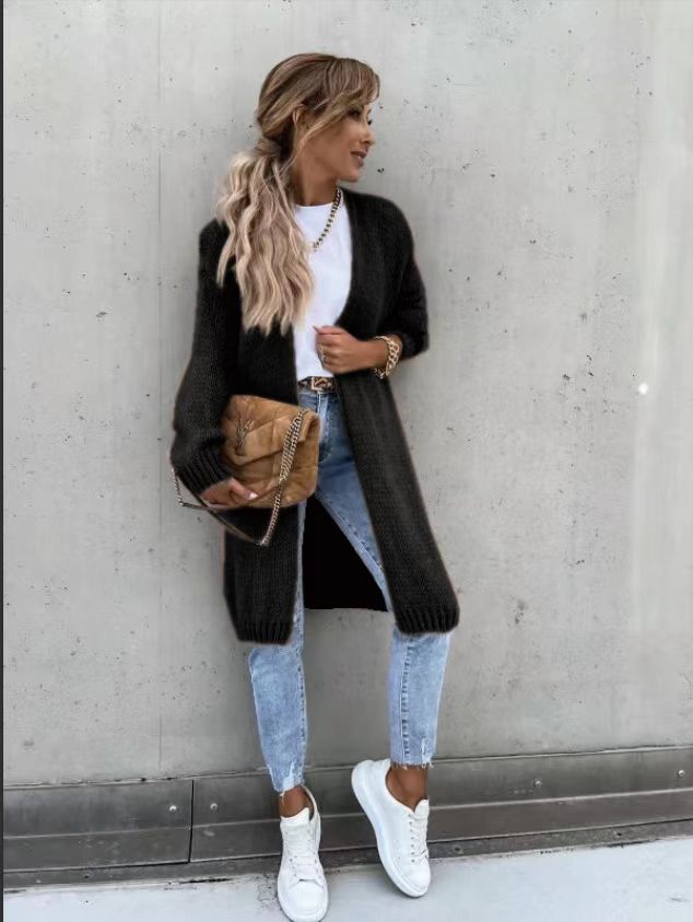 Loose Solid Color Long Sleeve Knit Cardigan