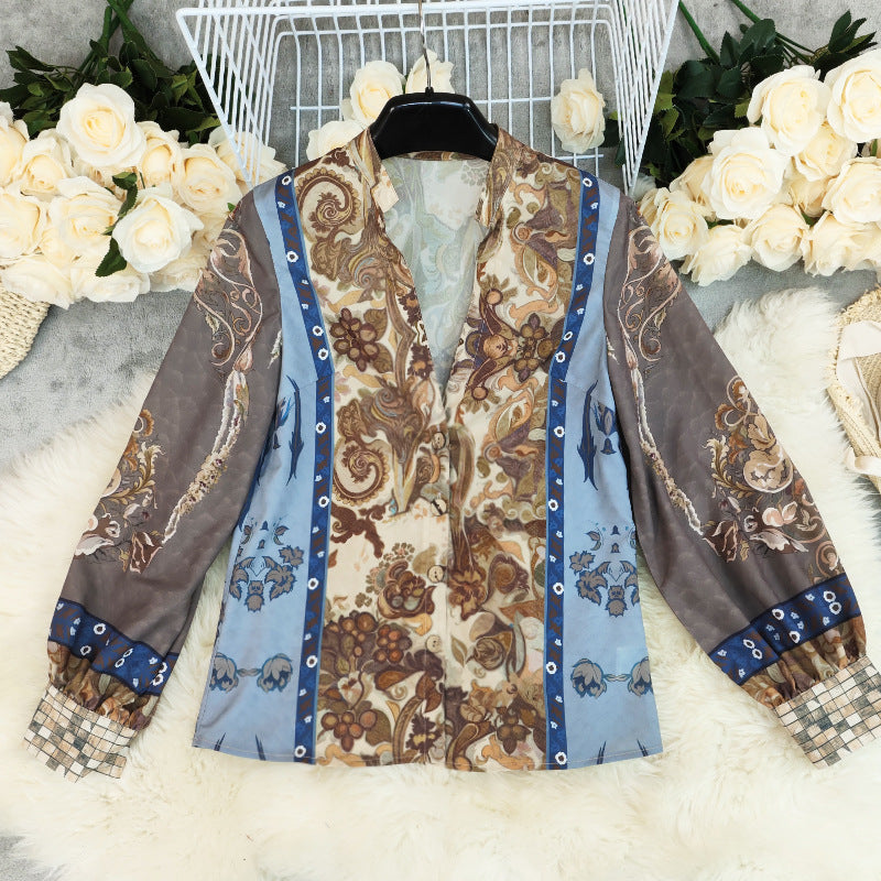 Womens Printed Long-Sleeve V-Neck Casual Loose Top