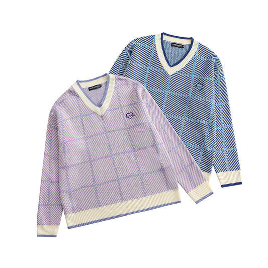 College Style V-neck Stitching Couple Sweater