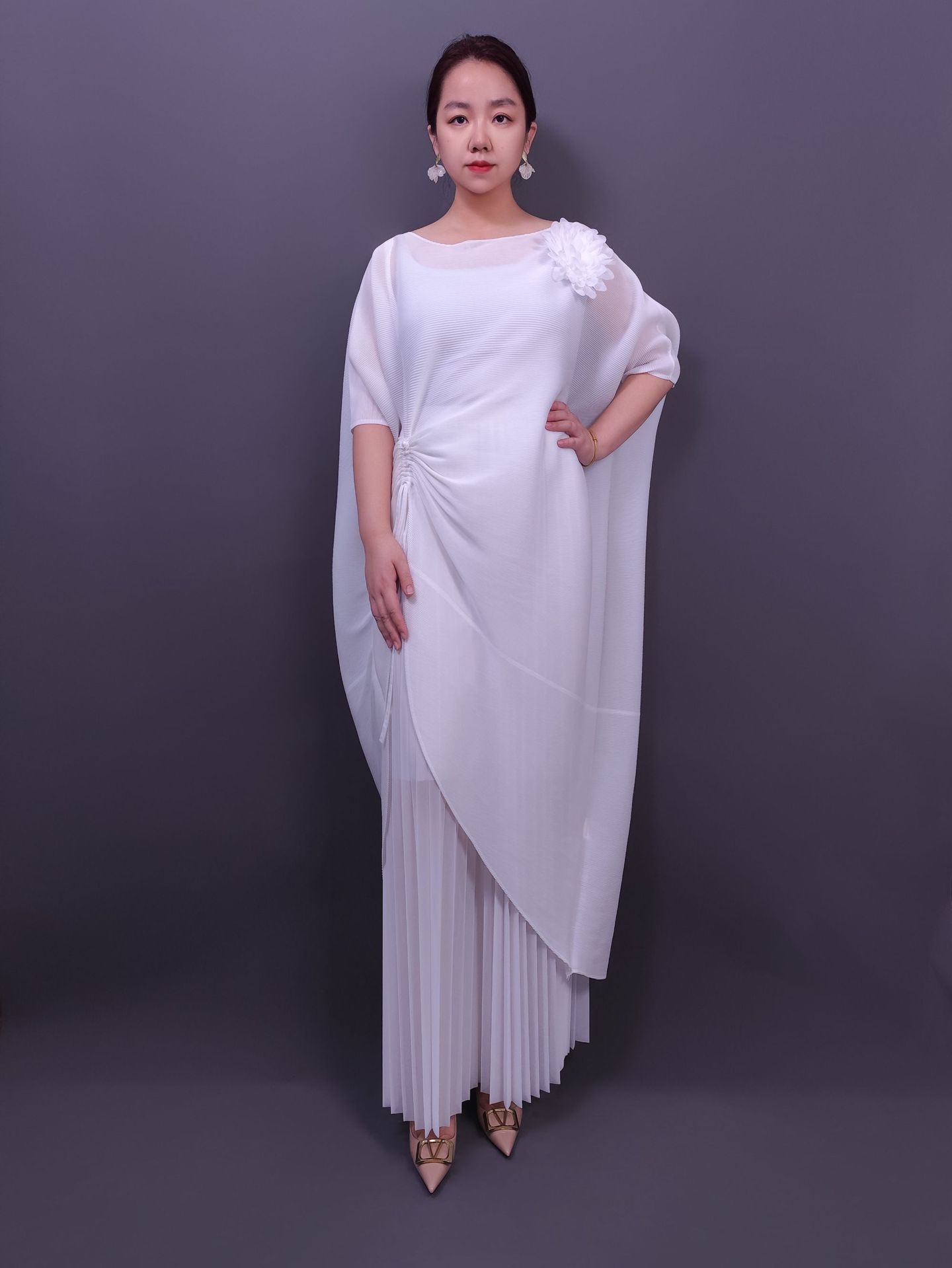 Solid Color Bat Sleeve Loose Drawstring Fashion Slimming