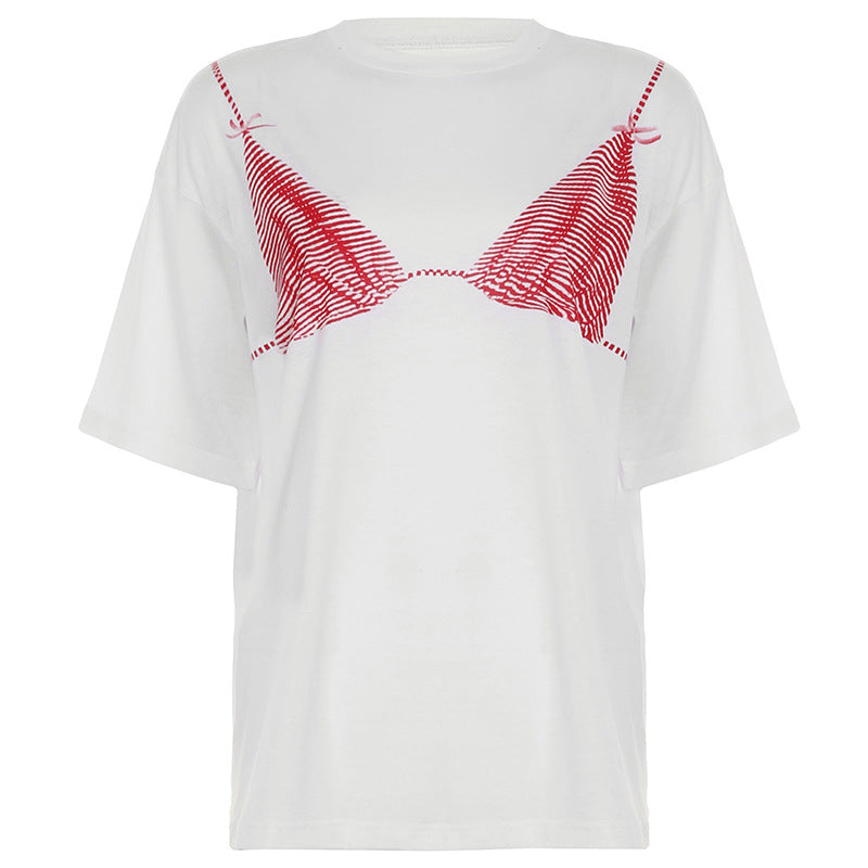 Printed Loose-fit Short-sleeve Color-block Crewneck T-shirt