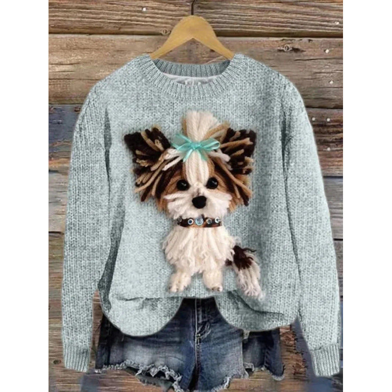 Womens Printed Crew-Neck Chunky-Knit Faux Sweater