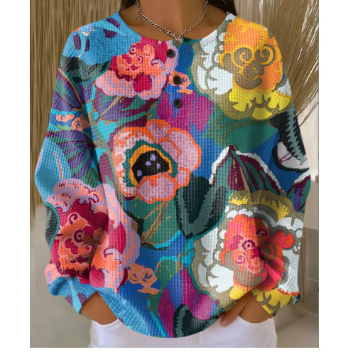 Womens Retro Printed Three-Button Stand-Up Collar Sweatshirt Top