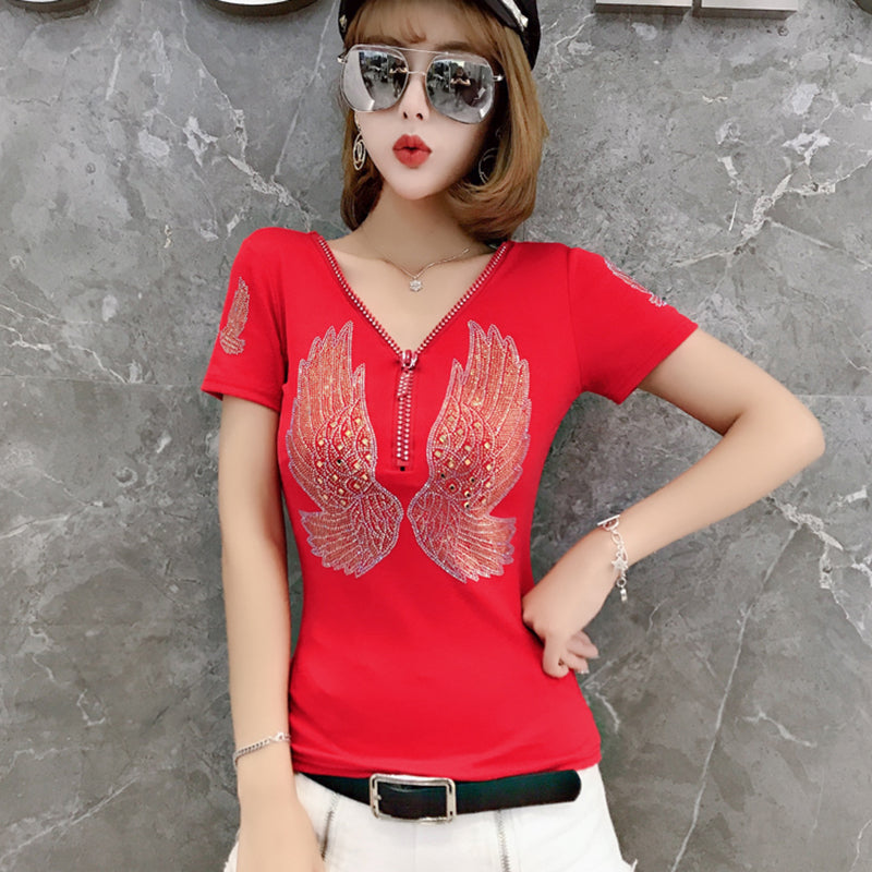 Trendy European Style Heavy Duty Zipper Cotton Short Sleeved T-shirt For Women