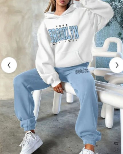 Letter Printing Fleece Loose Leisure Suit