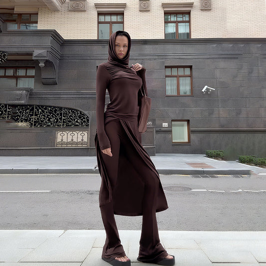 Fashionable Solid-Color Hooded Long-Sleeve Top And Slim-Fit Flared Pants Set