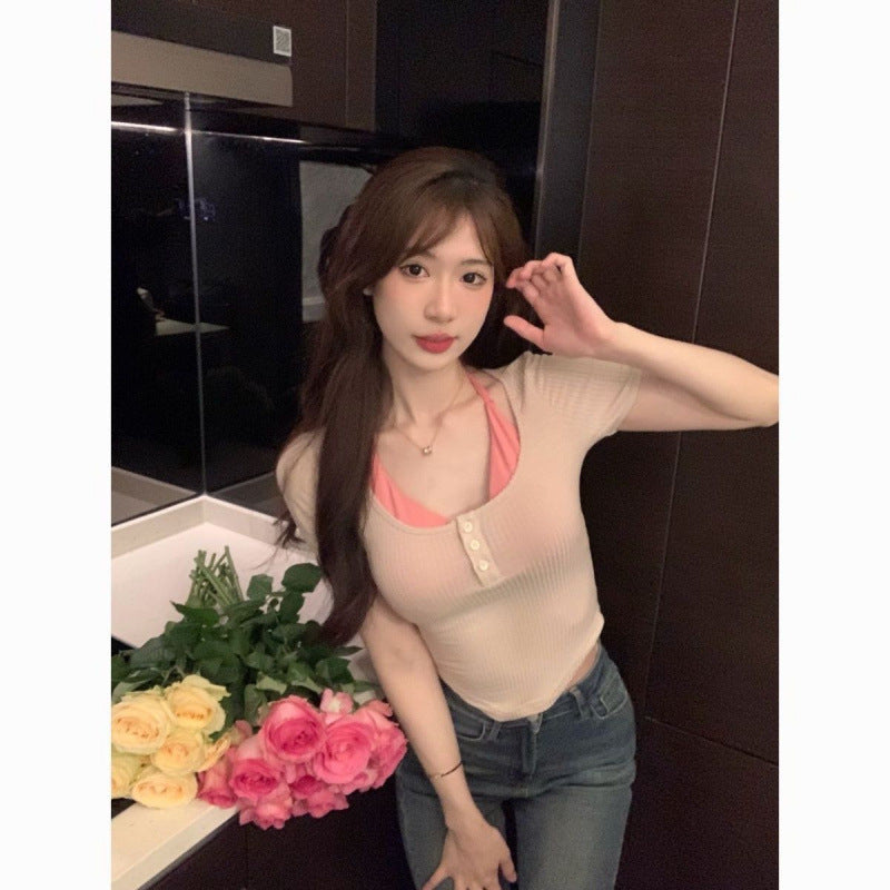 Sensual Minimalist Short-sleeve T-shirt Figure-flattering Tank Top With Straps A Two-piece Set