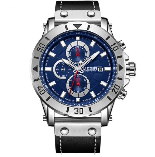 Fashion sports three-eye timing leather wild men's quartz watch