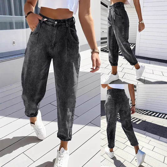 Plus Size Women's Fashion Stretch Tapered Pants Retro Washed Denim