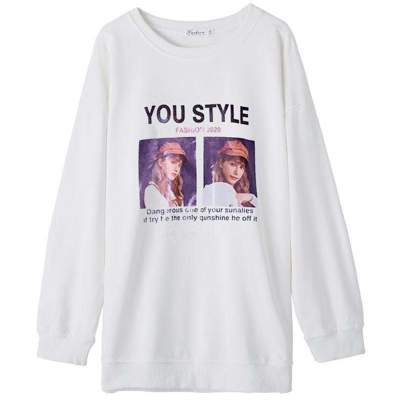Women's Loose Mid-length Print Round Neck Long-sleeved Top