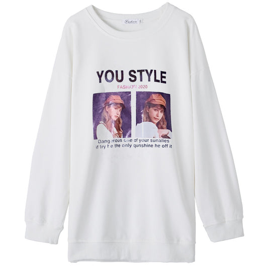 Women's Loose Mid-length Print Round Neck Long-sleeved Top