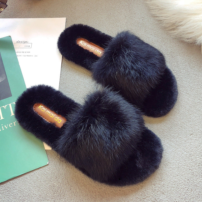 Fashionable Korean Style Plush Slippers For Women Outside Wear Flip Flops