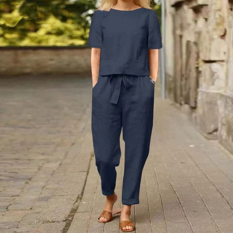 Women's Linen Cotton Summer Set Short Sleeve Vintage Set