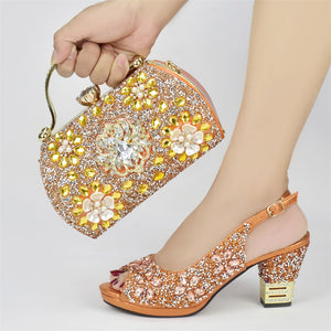 European And American Party Diamond Carved Collage Pattern Round Toe Back Tied Wedge Sandals With Evening Handbag Suit