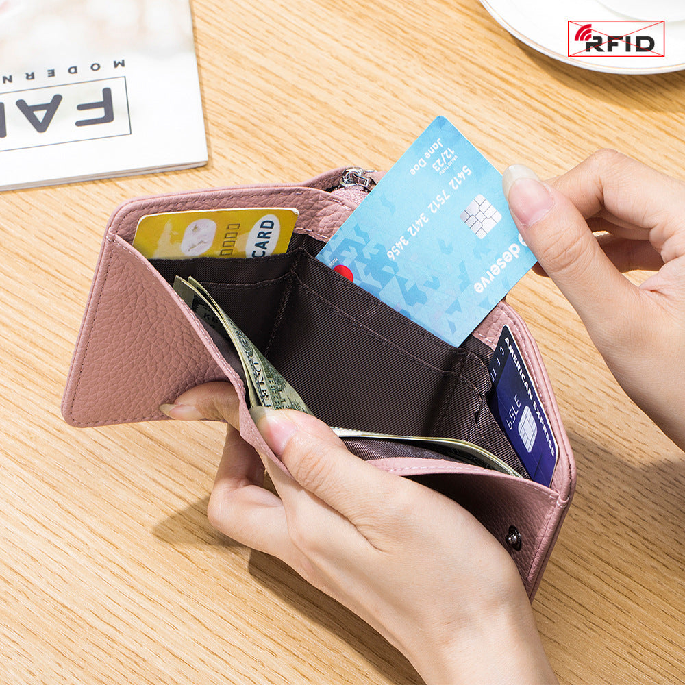 Women's Leather Tri-fold Mini RFID Wallet Large Capacity Storage Bag