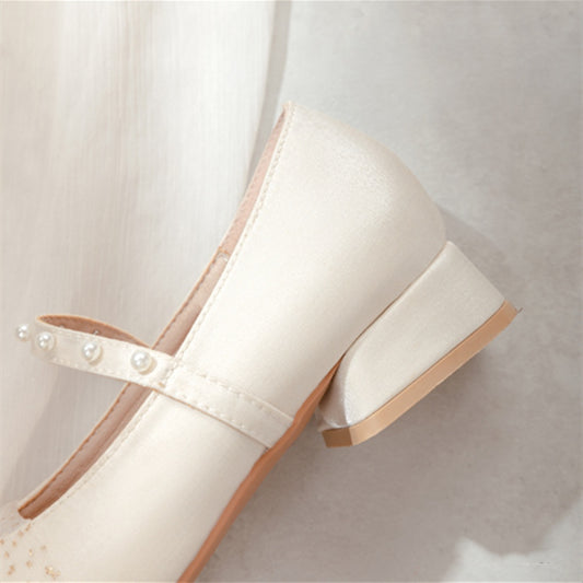 Women's Low Heel Pearl Fairy Country Style Mary Jane Cheongsam Shoes