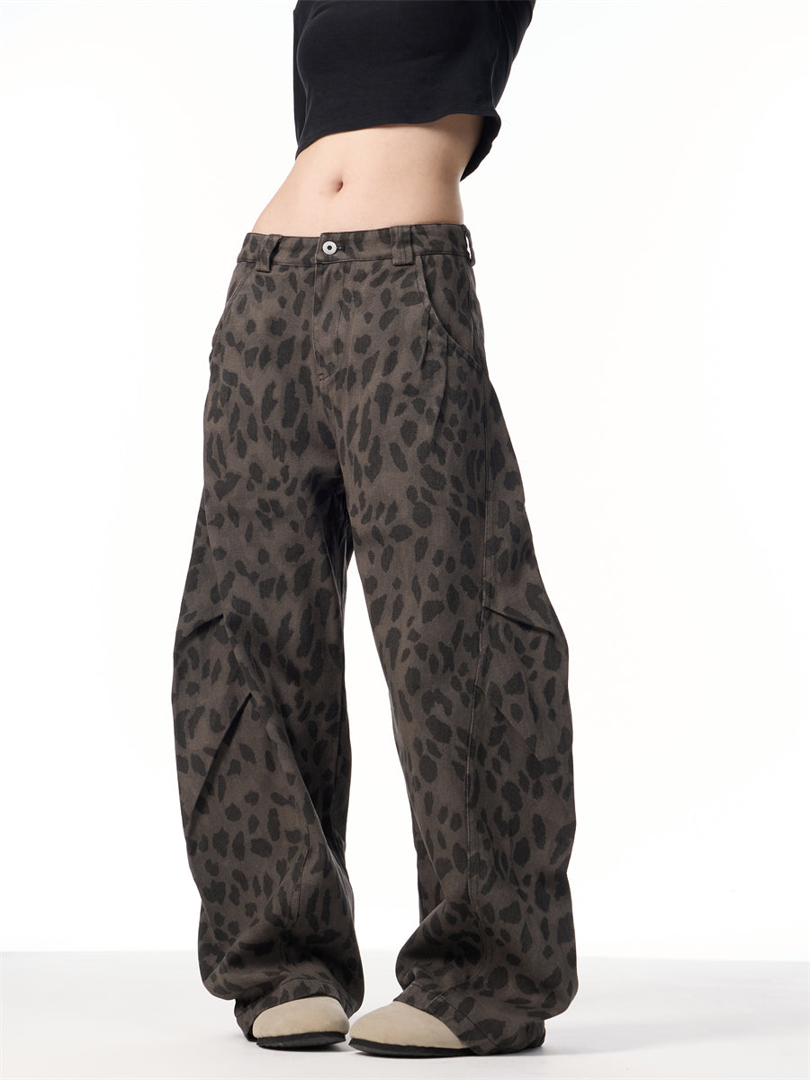 Retro Leopard Jeans Women's Loose Straight Wide-leg Pants