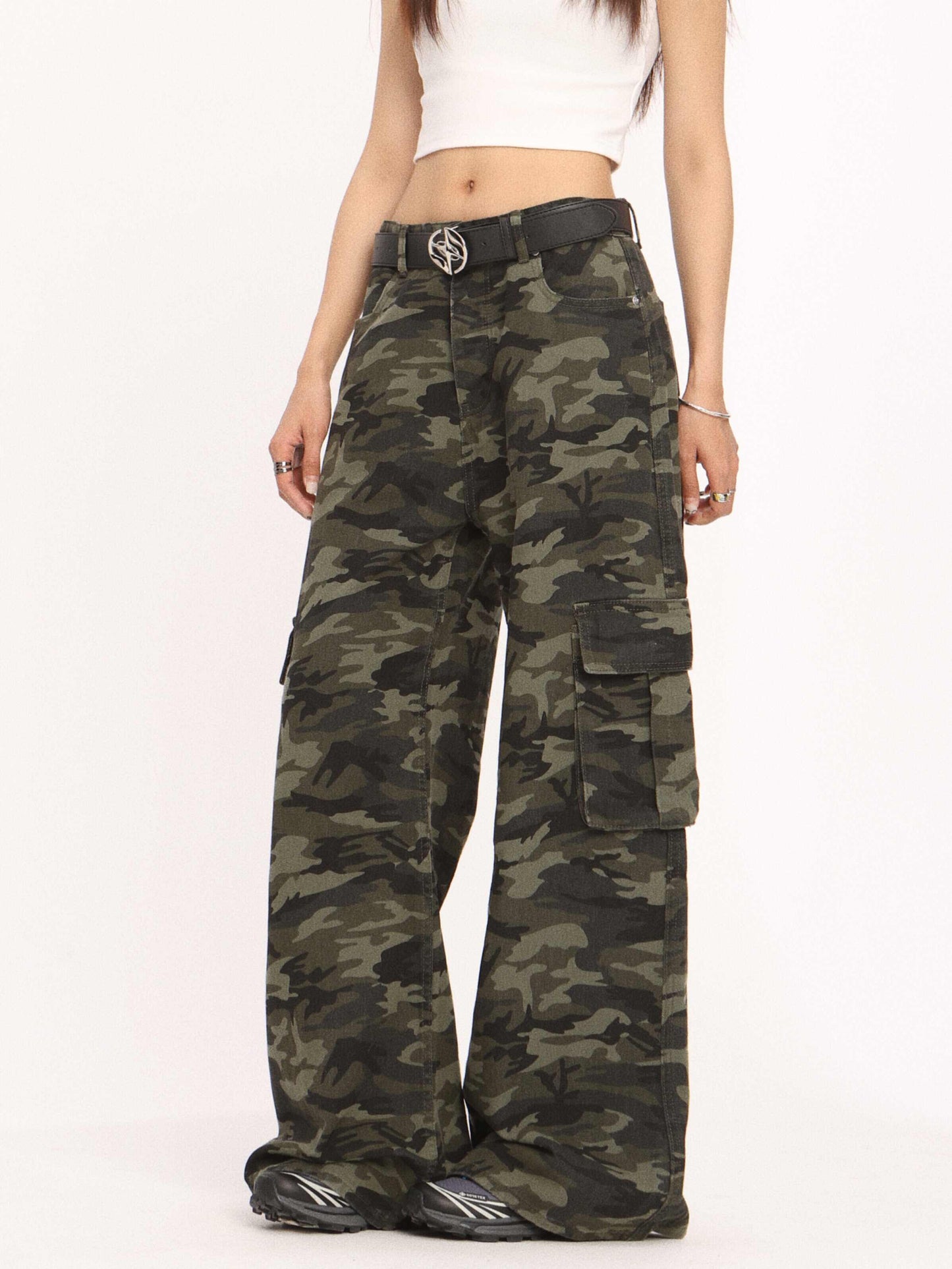 Retro Camouflage Cargo Drooping Straight Wide-leg Pants