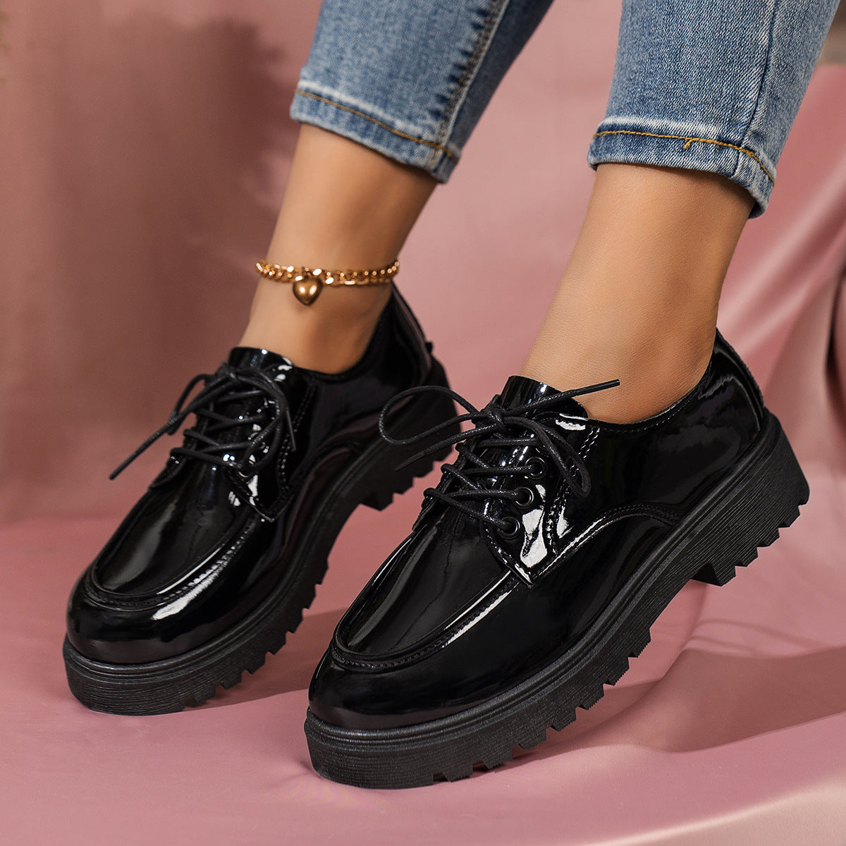 Retro Big Toe Lace-up Small Leather Shoes Women's Thick Sole Height Increasing