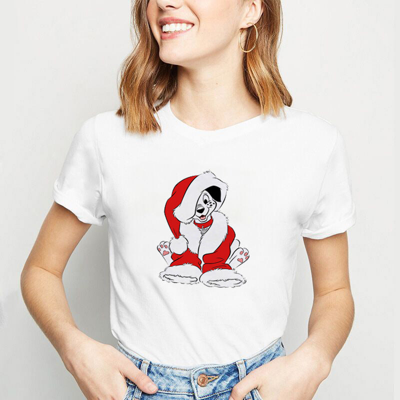 Christmas Lady Cute Dog Printed Short-sleeved Top Casual