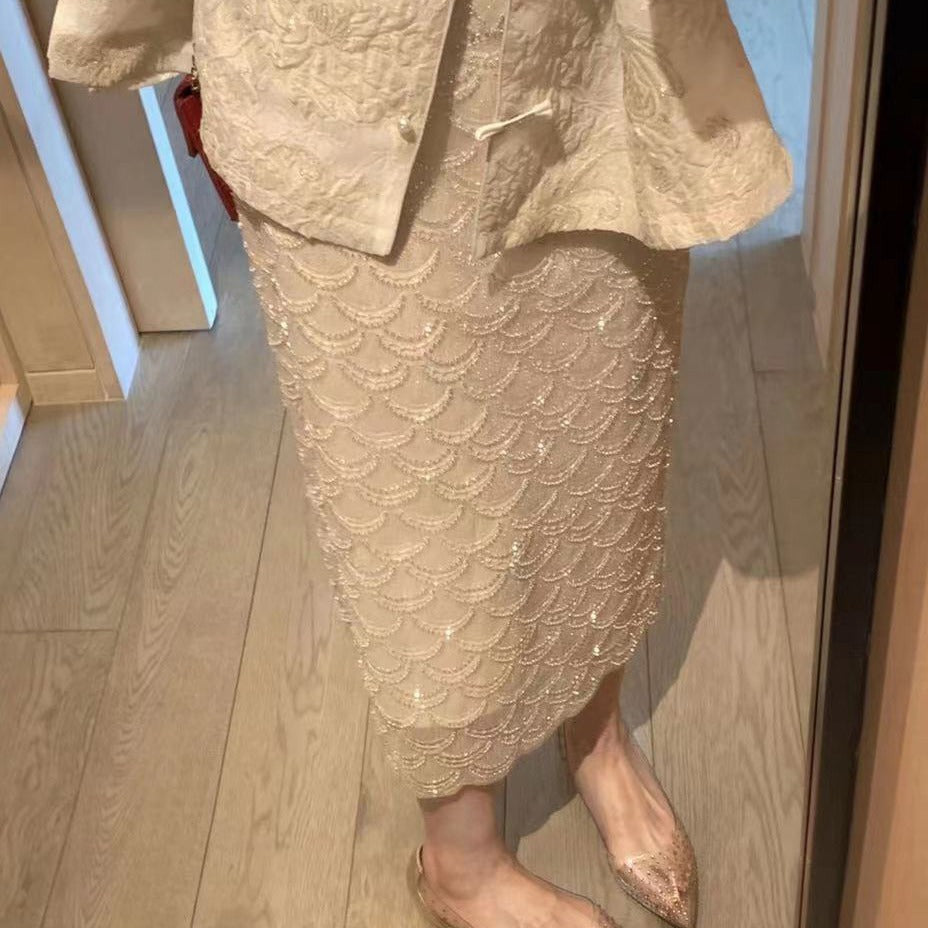 Fan-shaped Heavy Industry Beads Shiny Scale Skirt