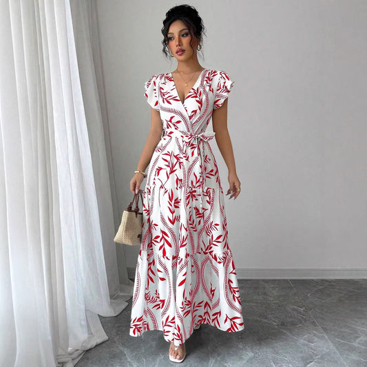 A-line Dress With Lace-up Details And Short Sleeves