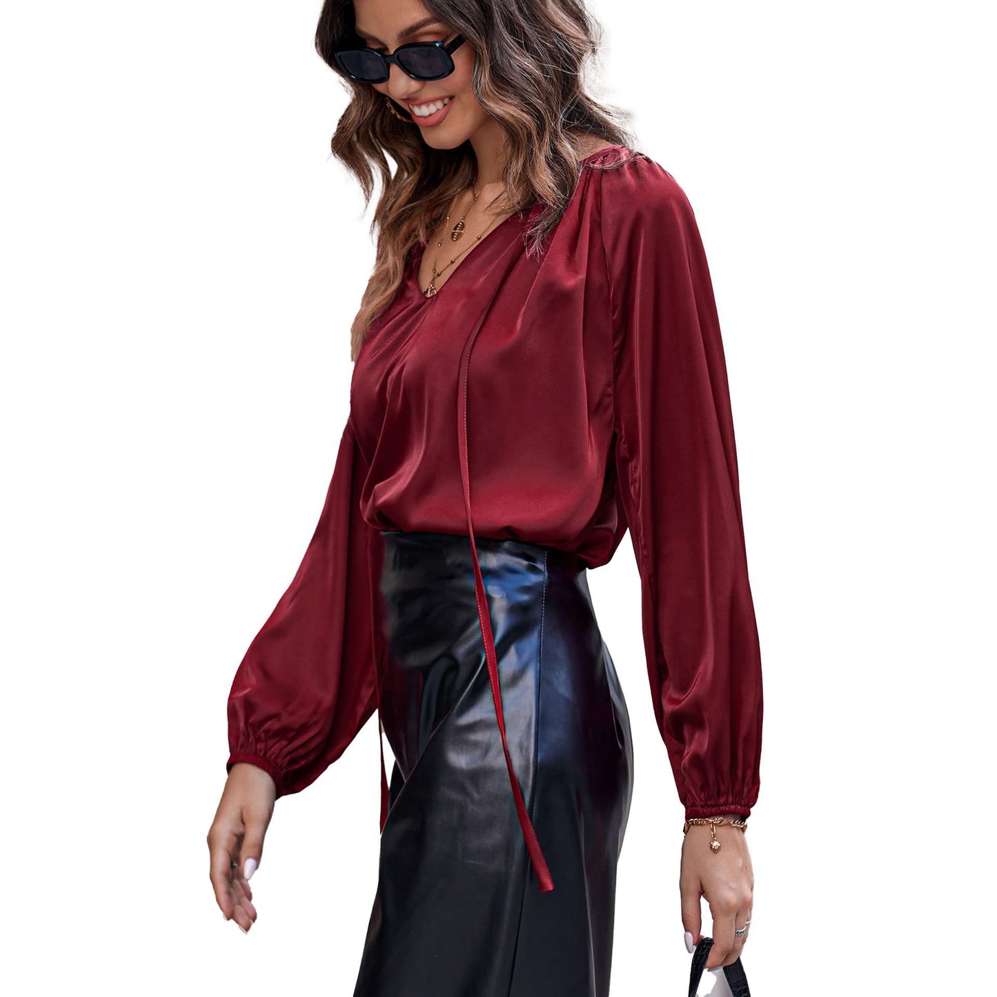 Womens Loose V-neck Top With Lantern Sleeves