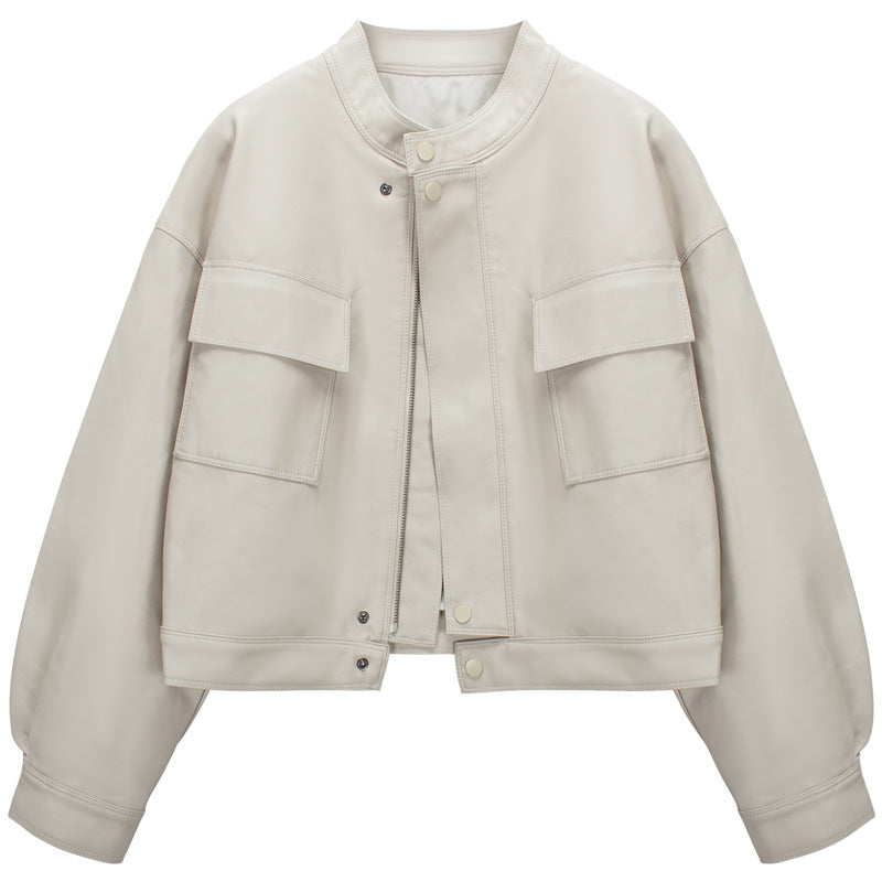 Women's Casual Small Stand Collar Coat Leather Jacket
