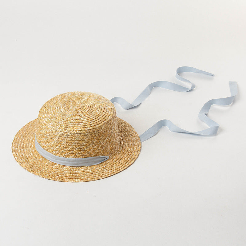 Children's Straw Flat Sun Hat With Strap