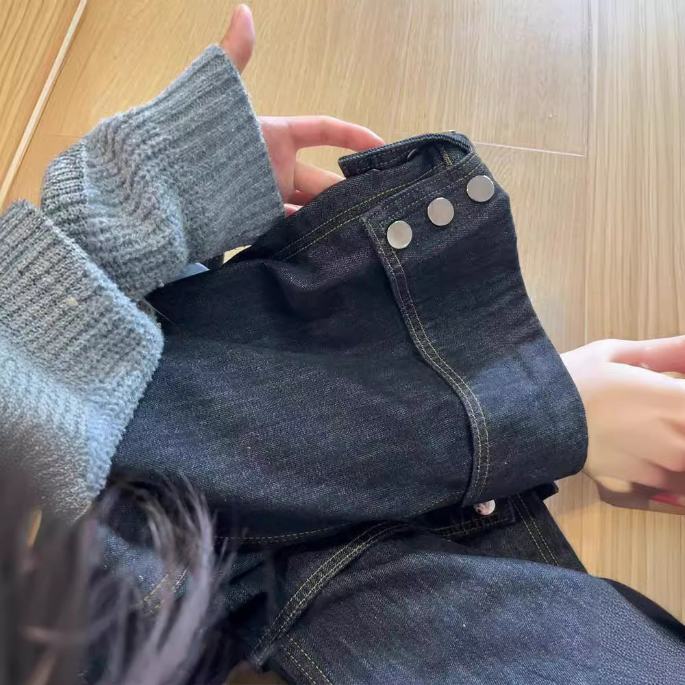 Retro High Street Denim Turn Over Button Straight Loose-fitting Mopping Pants Women