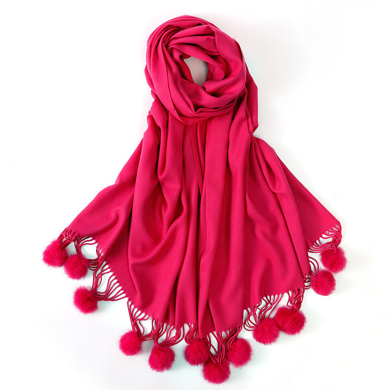 Pure color rabbit fur ball cashmere scarf