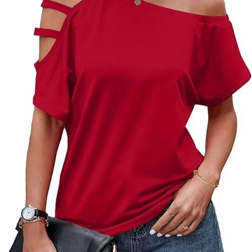 Womens Fashionable New Off-shoulder Asymmetrical Hollow-out Casual Short-sleeve Top