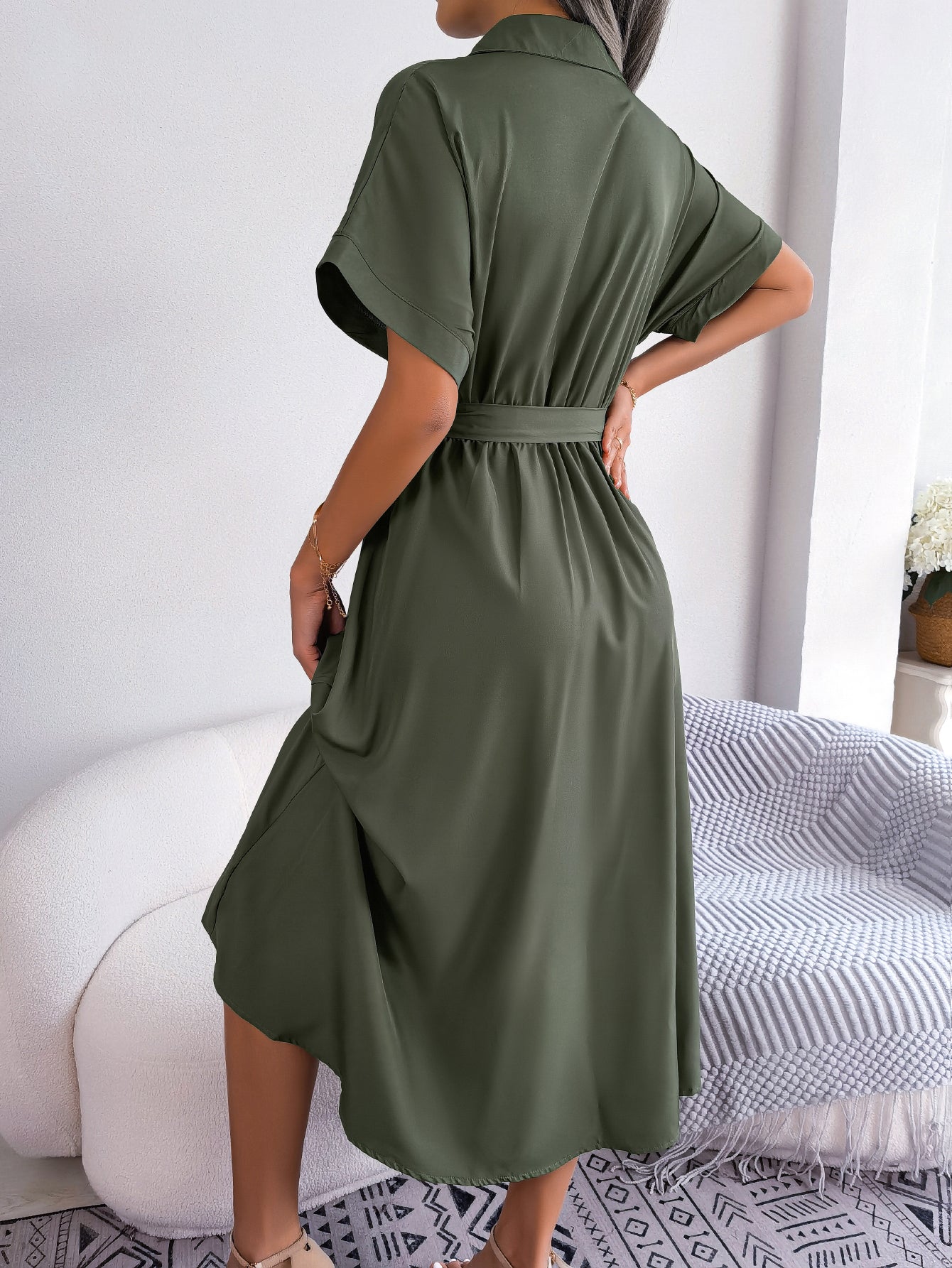 Women  Casual Loose Solid Color Tie Waist Shirt Maxi Dress