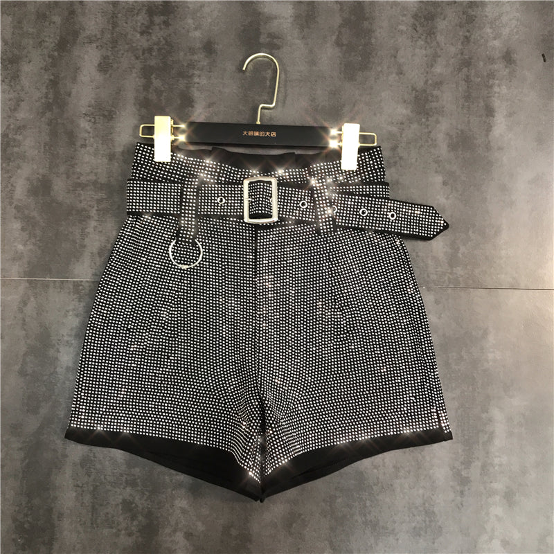 Spring New Fashion Rhinestone Shiny Belt Heavy Industry All-Match Shorts