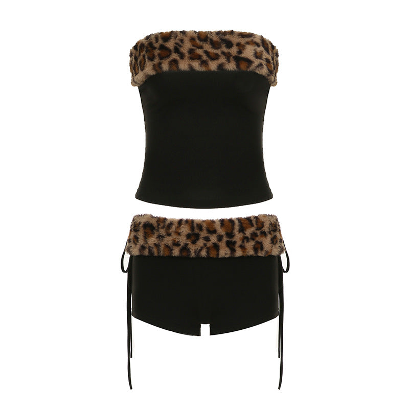 Leopard Print Stitching Tied Slim Fit Vest Shorts Two-piece Set