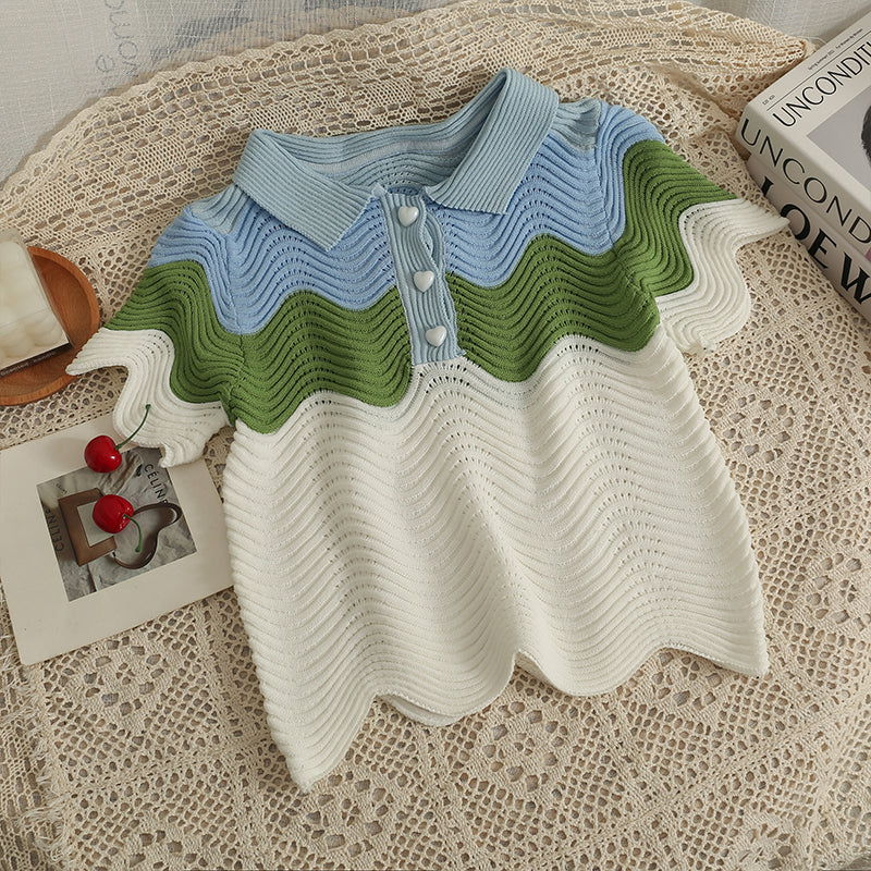Contrast Splice Wave Edge Short Sleeve Knitted T-shirt Women