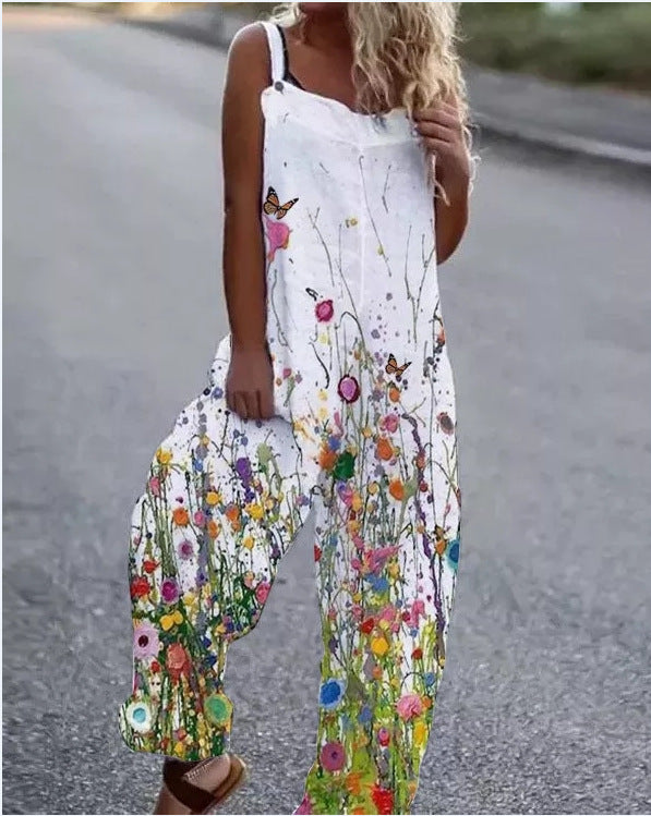 Printed Suspenders Casual Jumpsuit Beach Pants
