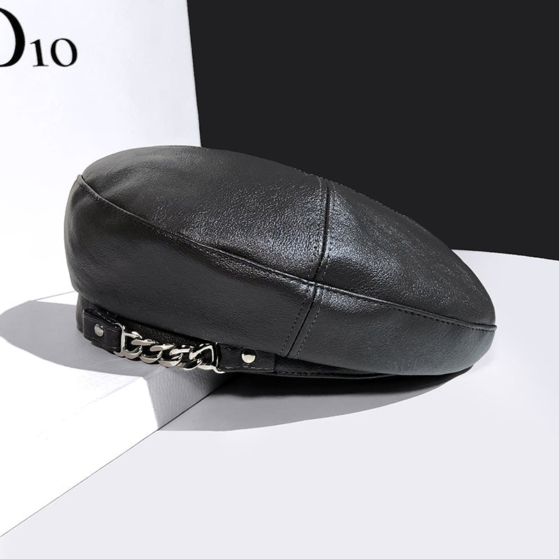 Women's British Vintage Chain Leather Beret Hat