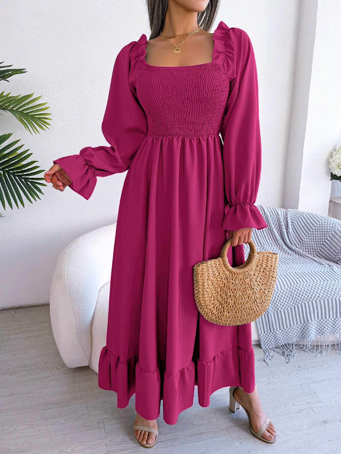 Women's Casual Square Neck Bell Sleeve Flowy Ruffle Maxi Dress