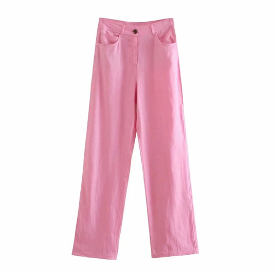 Women's Retro Linen Double Pocket High Waist Wide Leg Pants