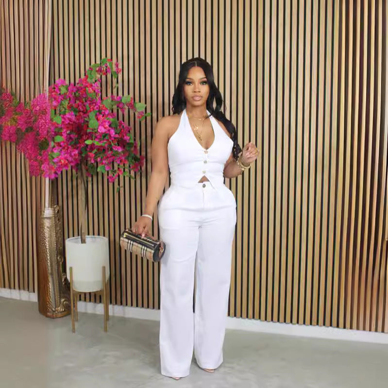 Solid-color V-neck Halter Blazer Vest And Pants Set